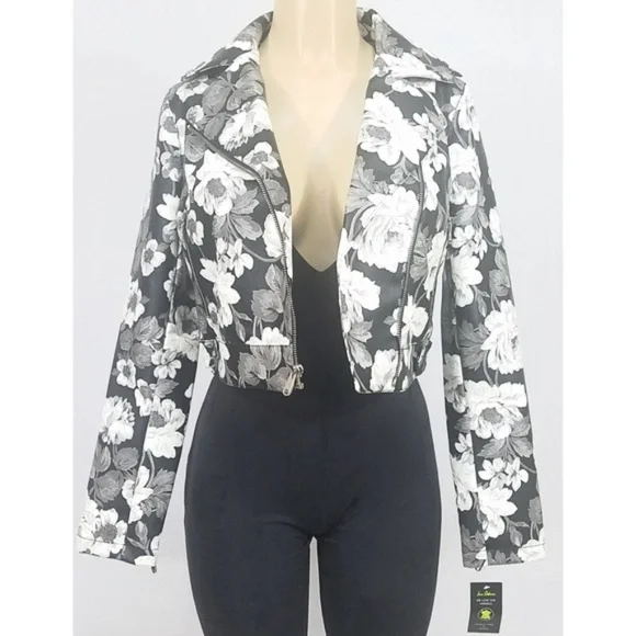 🔥SOLD🔥Sam Edelman Gray Black White Vegan Leather Floral Moto Jacket Size S NWT - Picture 6 of 9